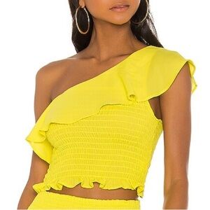 Krisa One shoulder Smocked Ruffle Neckline Cropped Blouse Yellow Daffodil Sz XS